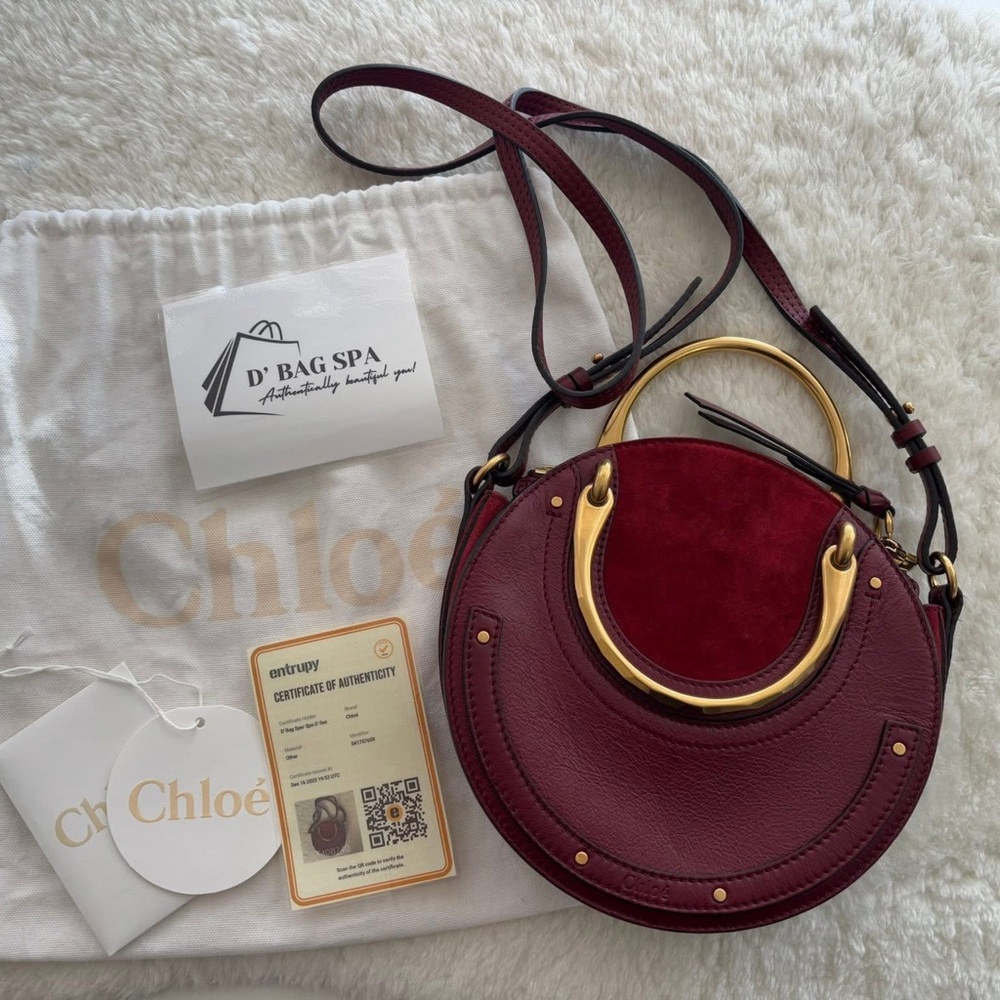 Chloe Burgundy Round Crossbody Bag with Gold Handle